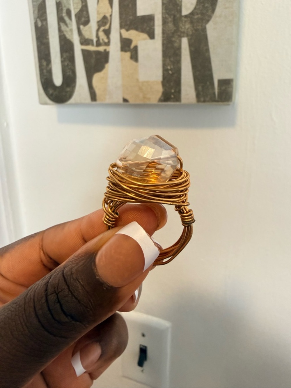 Handmade Gold Wire Wrapped Crystal Ring - Champagne Clear
